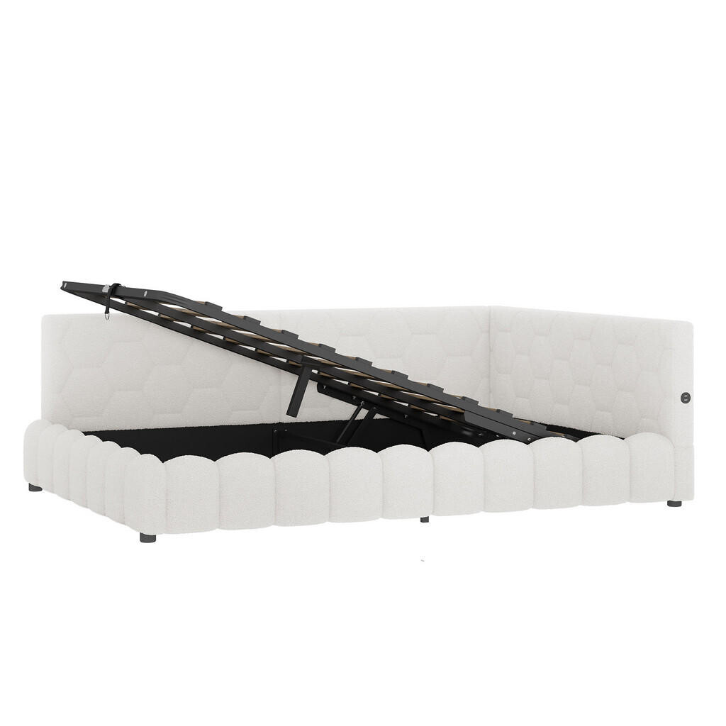 KOMHTOM POLŠTÁŘOVÁ POSTEL 140x200 cm s USB nabíjecím portem, Typ-C, bílá