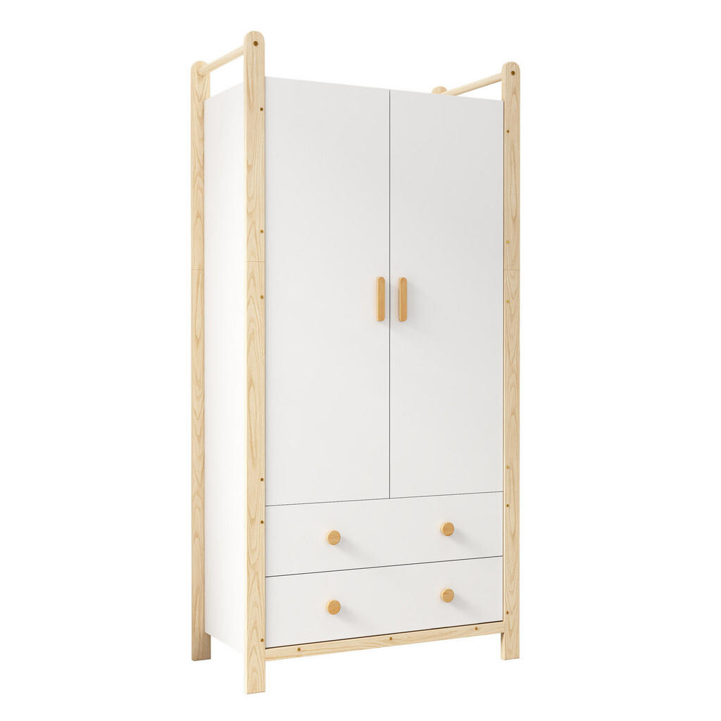 Redom ŠATNÍ skříň 89,6/44/180,5 cm se šatní tyčí a 2 zásuvkami, z masivu a MDF, Přírodní/Bílá
