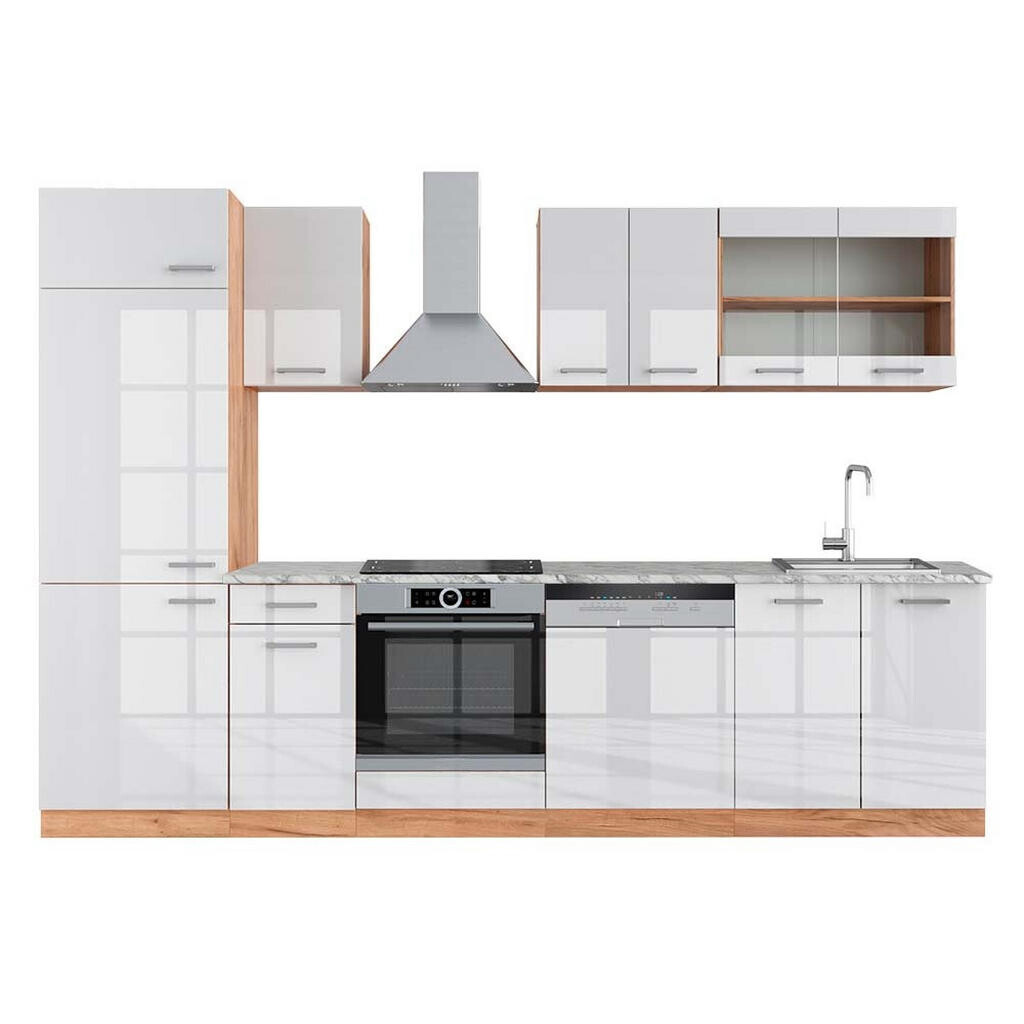 Vicco KUCHYŇSKÝ KOUT R-Line Bílý vysoký lesk/zlatý dub power 300 cm , PD Mramor