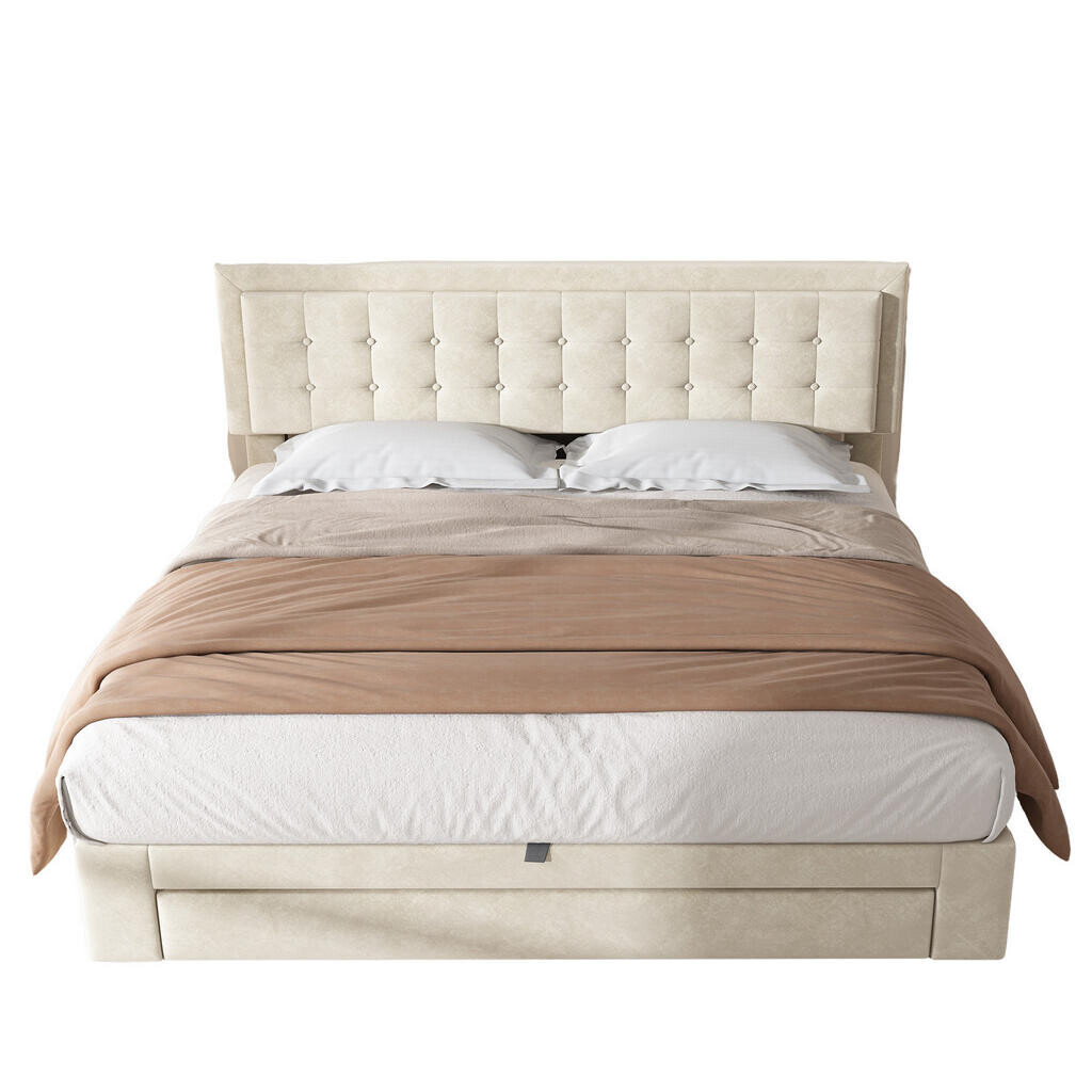 OKWISH ČALOUNĚNÁ postel 160/200 cm béžová ze sametu s úložným prostorem a nastavitelným čelem