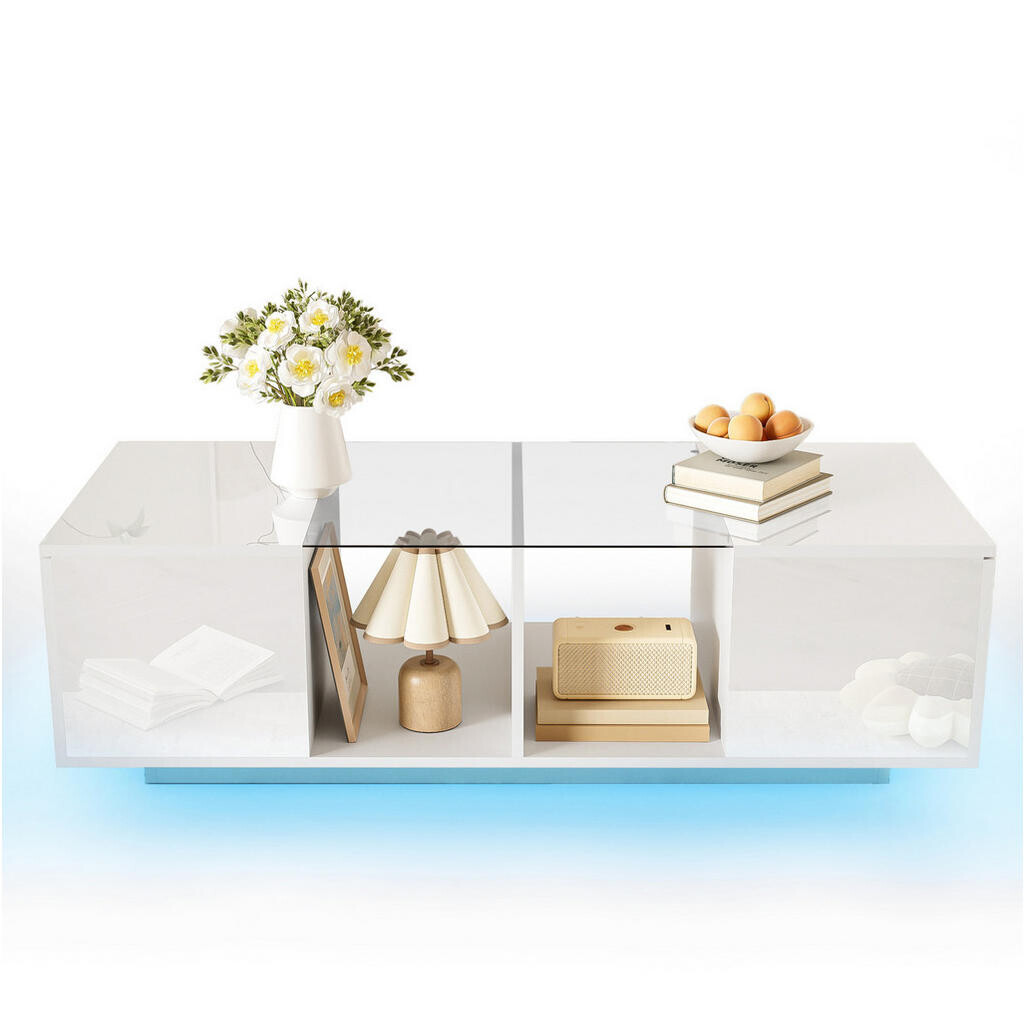 OKWISH KONFERENČNÍ stolek 120/50/38,5 cm bílý z MDF, skla a dřevotřísky s LED osvětlením a úložným prostorem