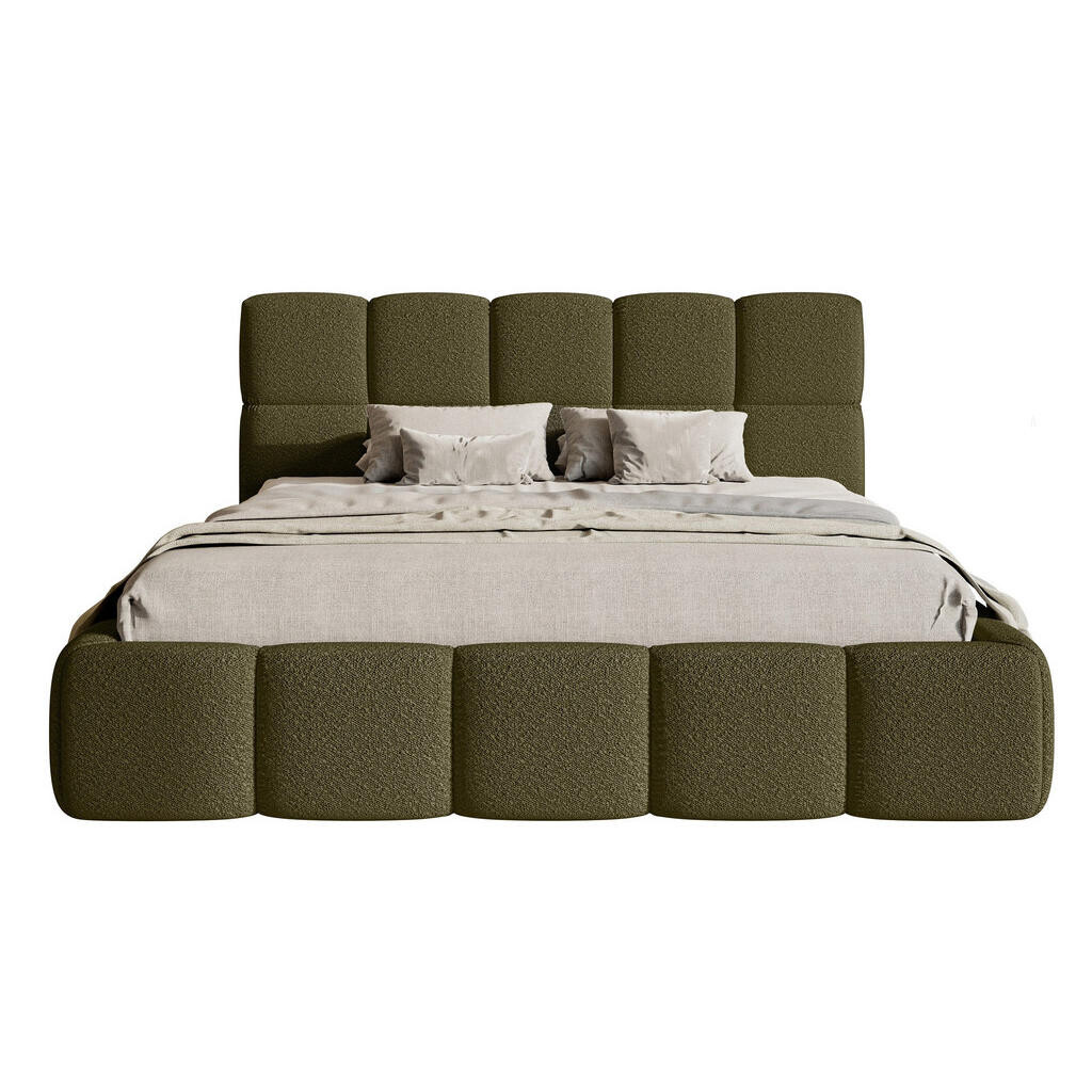 Selsey ČALOUNĚNÁ POSTEL Cloudy olivově zelená boucle s úložným prostorem 180 cm