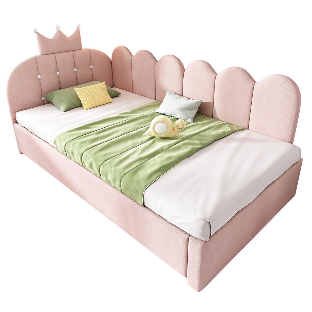 OKWISH POSTEL s výsuvným lůžkem 90/200 cm růžová z sametu s korunou a mřížkovým designem