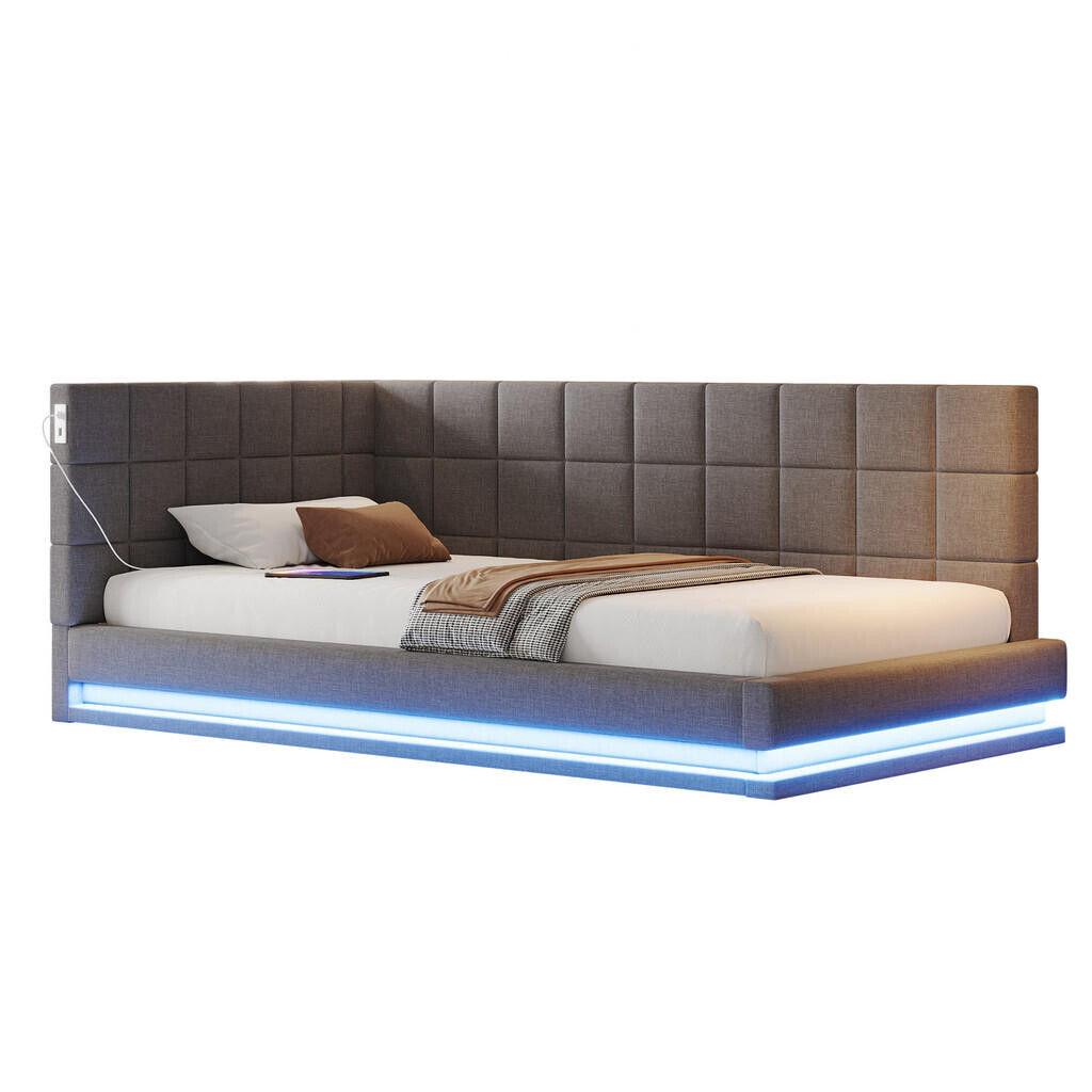WISHDOR ČALOUNĚNÁ POSTEL 90x200 cm šedá s LED osvětlením a USB portem, lněný vzhled