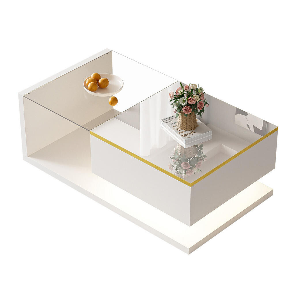 OKWISH KONFERENČNÍ stolek 90/50/32,5 cm bílý z dřevotřísky s tvrzeným sklem a LED osvětlením