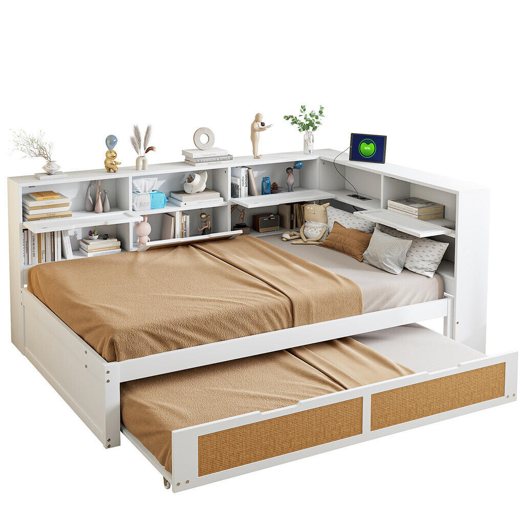 Redom POSTEL 140/200 cm s výsuvným lůžkem, USB porty a úložným prostorem, Bílá