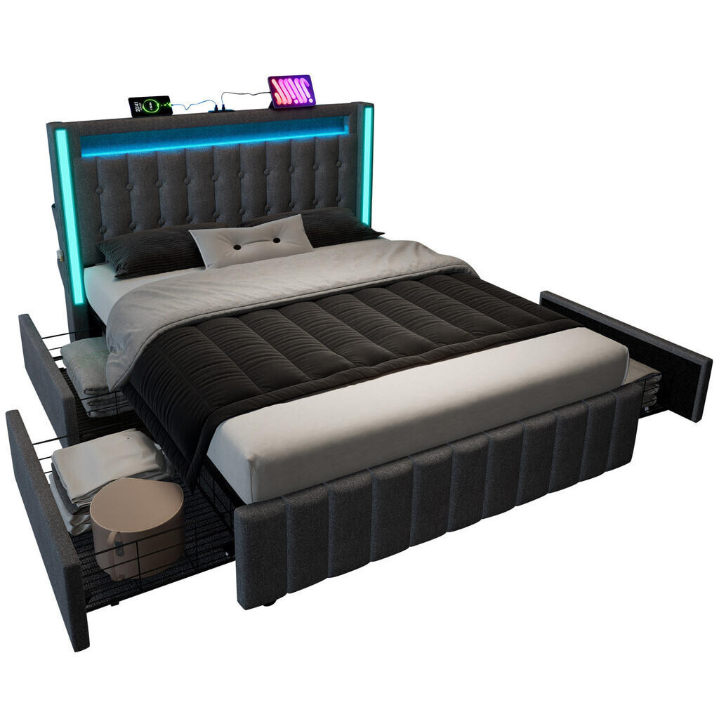 Redom ČALOUNĚNÁ postel 140x200 cm s USB-C nabíjením, LED osvětlením a 4 zásuvkami, látka, Šedá