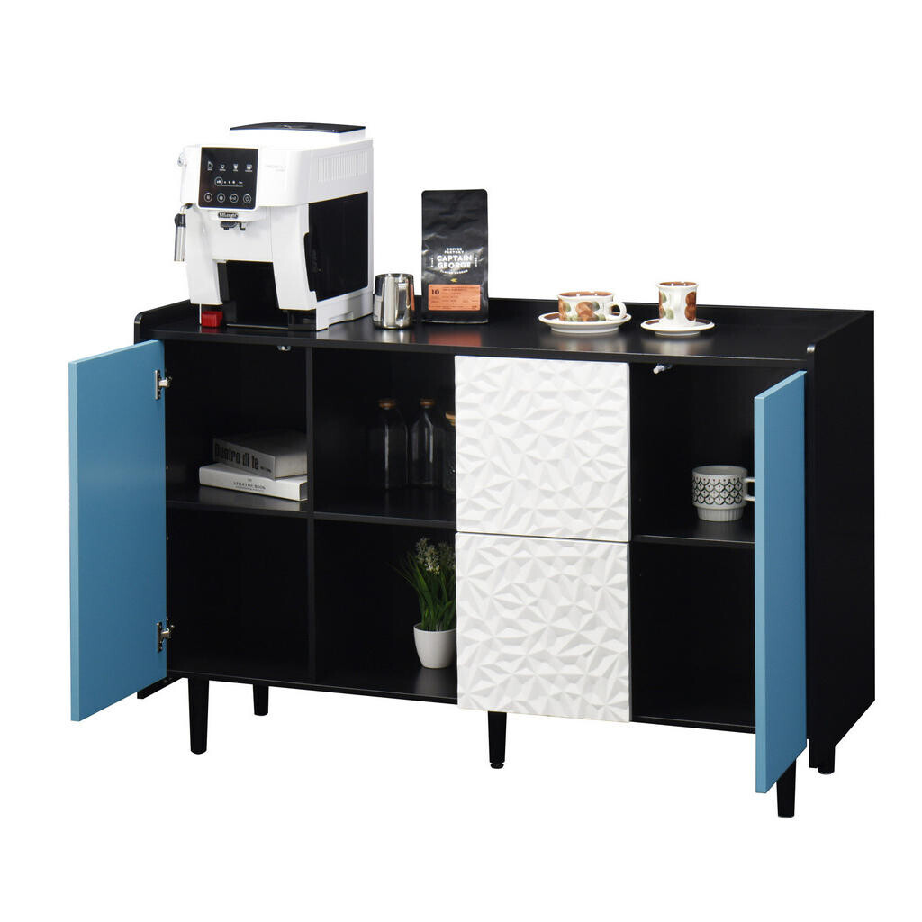 OKWISH BOČNÍ skříň 40/120/80 cm černá a modrá z MDF s otevřeným úložným prostorem a zásuvkami