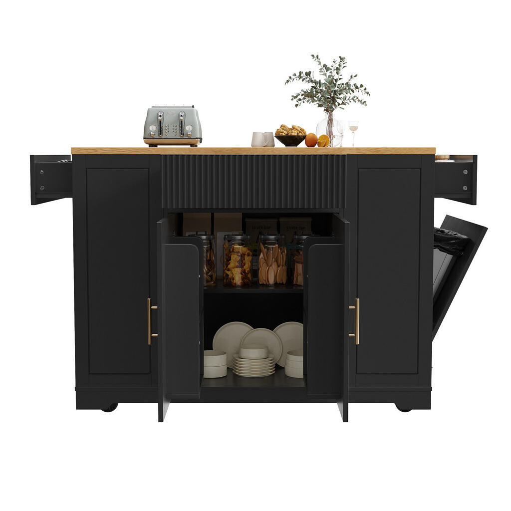 OKWISH KUCHYŇSKÝ ostrůvek 120/50/92 cm černý z MDF a kovu s úložným prostorem, košem a kolečky