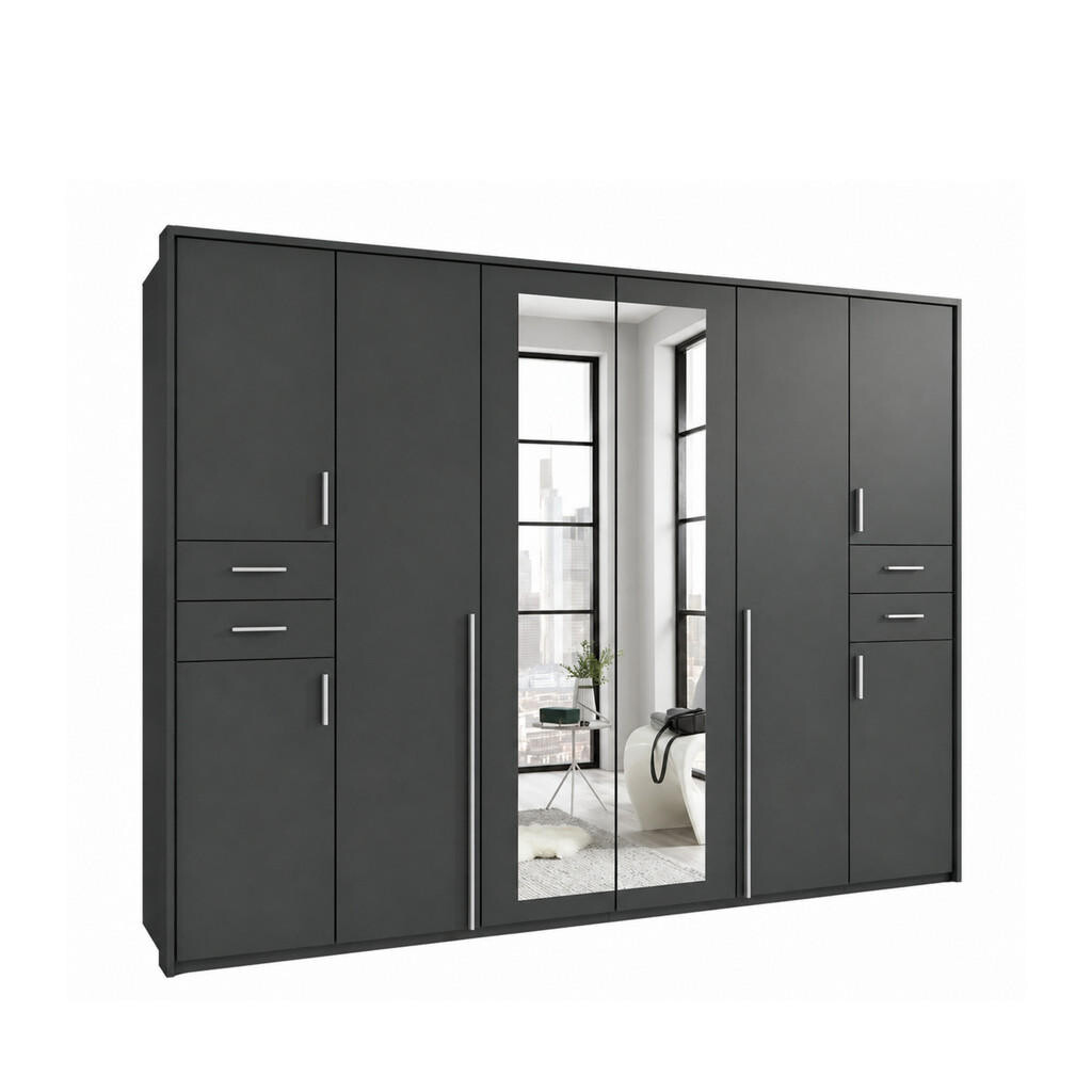 luma-home SKŘÍŇ S OTOČNÝMI DVEŘMI Š273/V210/H58 cm, v barvě grafit, s paspartou, 2 zrcadlovými dveřmi a zásuvkami, úchytky v barvě hliníku / 22577
