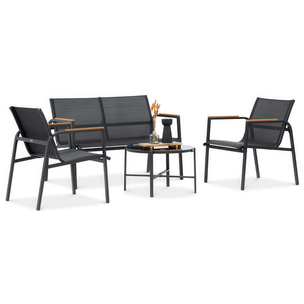 Beautysofa ZAHRADNÍ SADA Thaiti, 2místná pohovka + 2 křesla + konferenční stolek, područky z Polywoodu, černá