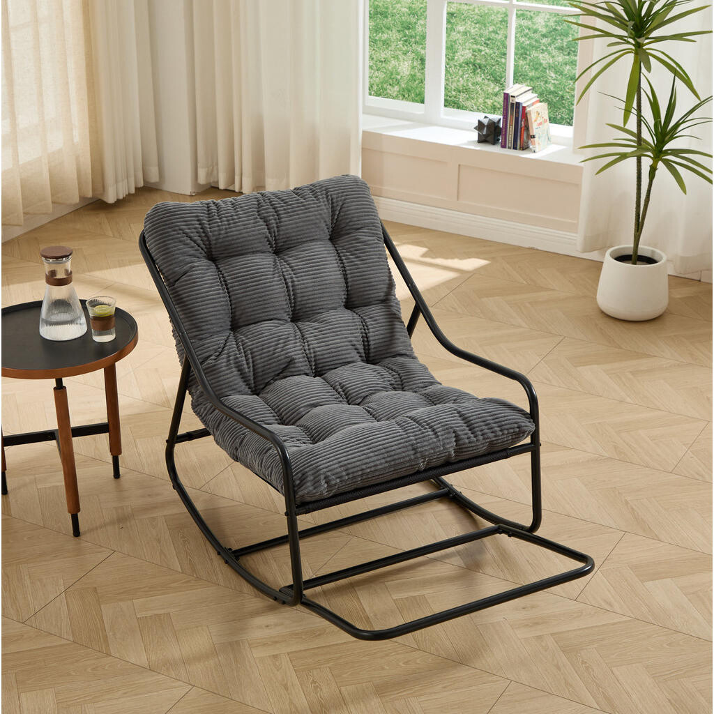 OKWISH HOUPACÍ křeslo 75/116/82 cm šedé z oceli s polstrem a nastavitelným houpáním