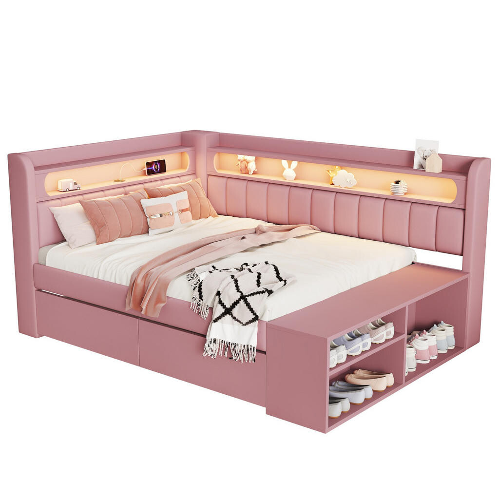 OKWISH ČALOUNĚNÁ postel 90/200 cm růžová z MDF a překližky s LED, USB a botníkem