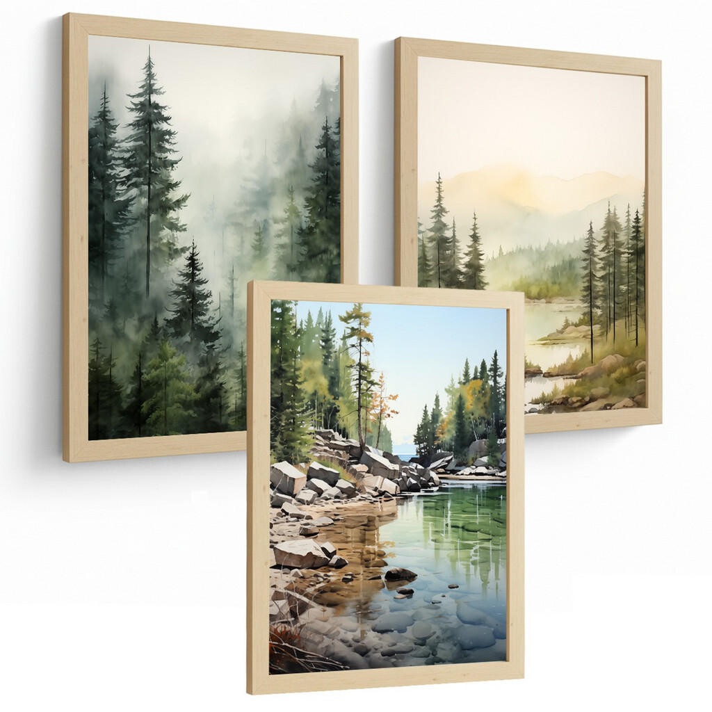 Nacnic PLAKAT Sada 3 dekorativních tisků Nordic Landscape Moderní obývací pokoj Obrázky - Zelené a hnědé dekorativní plakáty A3 Světlý dřevěný rám