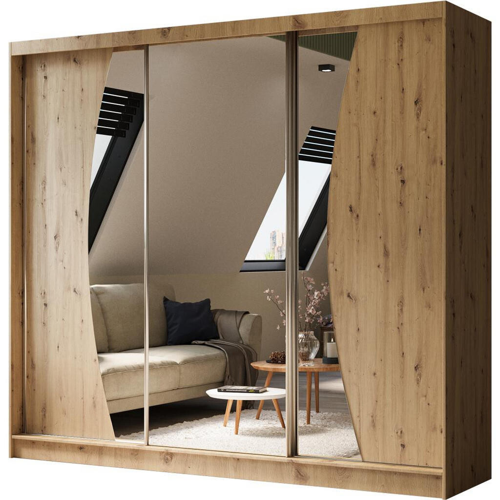 Beautysofa SKŘÍŇ s posuvnými dveřmi Vox II 240/216/61 dub Artisan se zrcadlem a zásuvkami