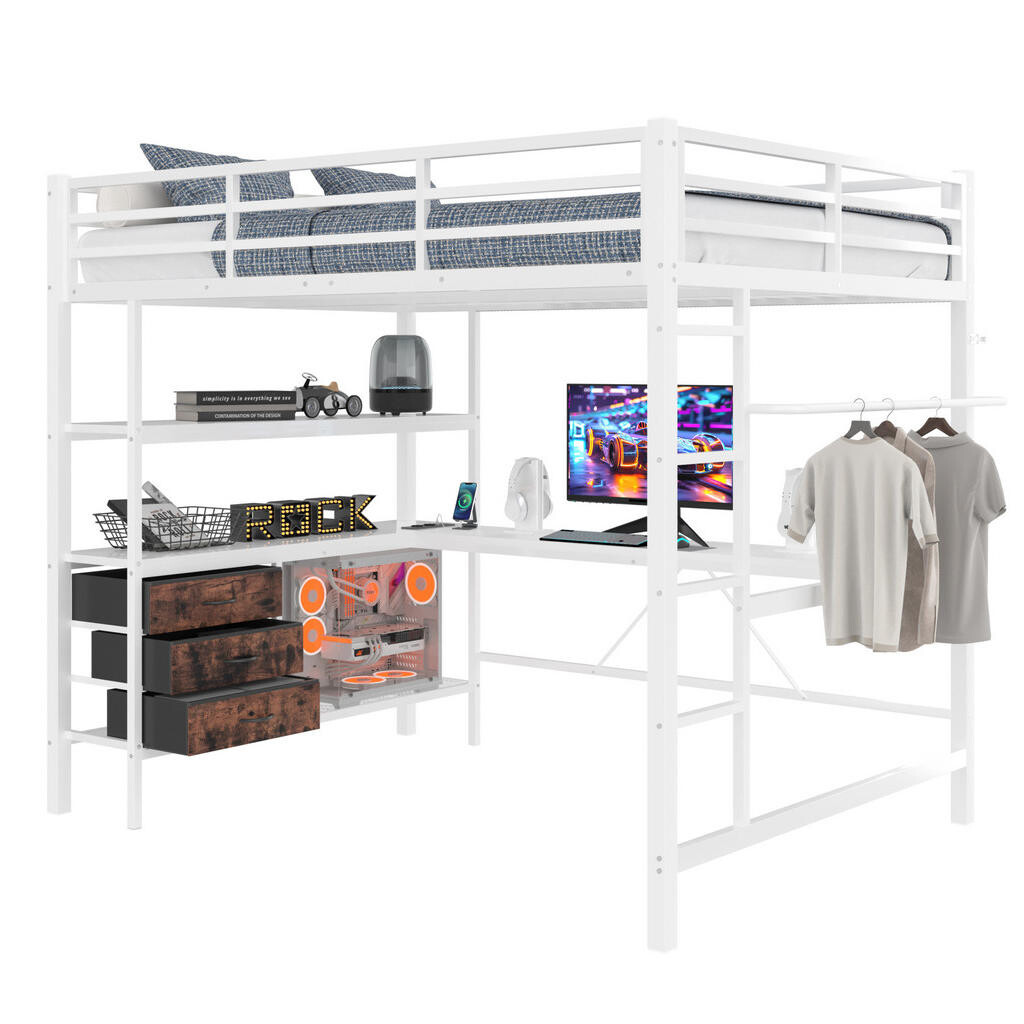 OKWISH VYSOKÁ postel 140/200 cm bílá s LED osvětlením a psacím stolem z kovu a MDF