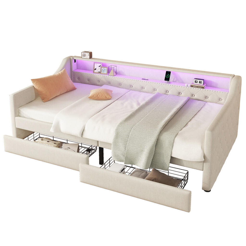 OKWISH DENNÍ postel 90/200 cm béžová z lnu a MDF s LED osvětlením USB a 2 zásuvkami