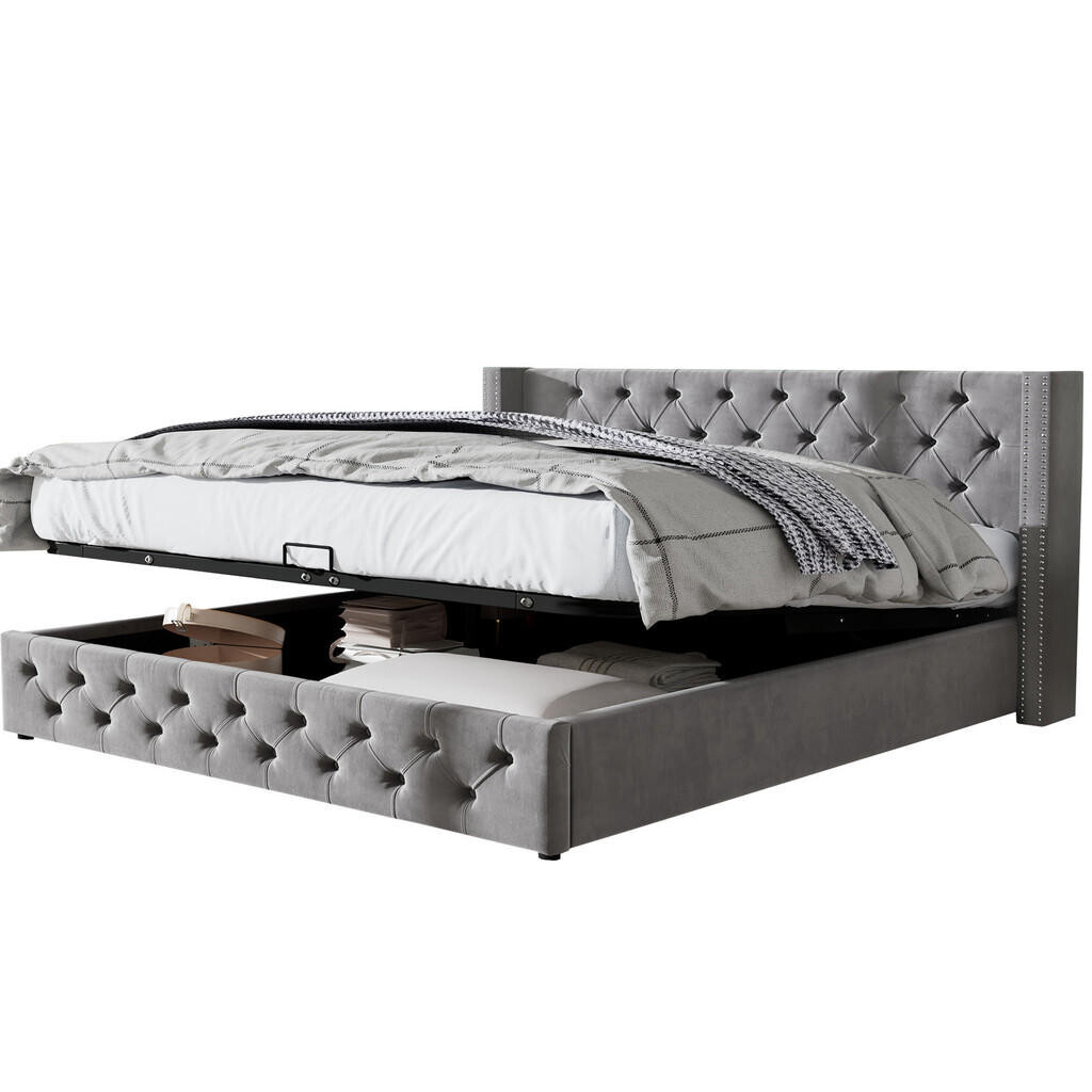 Redom ČALOUNĚNÁ postel 180/200 cm s hydraulickým úložným prostorem, Chesterfield designem, sametem a ozdobnými nýty, Šedá