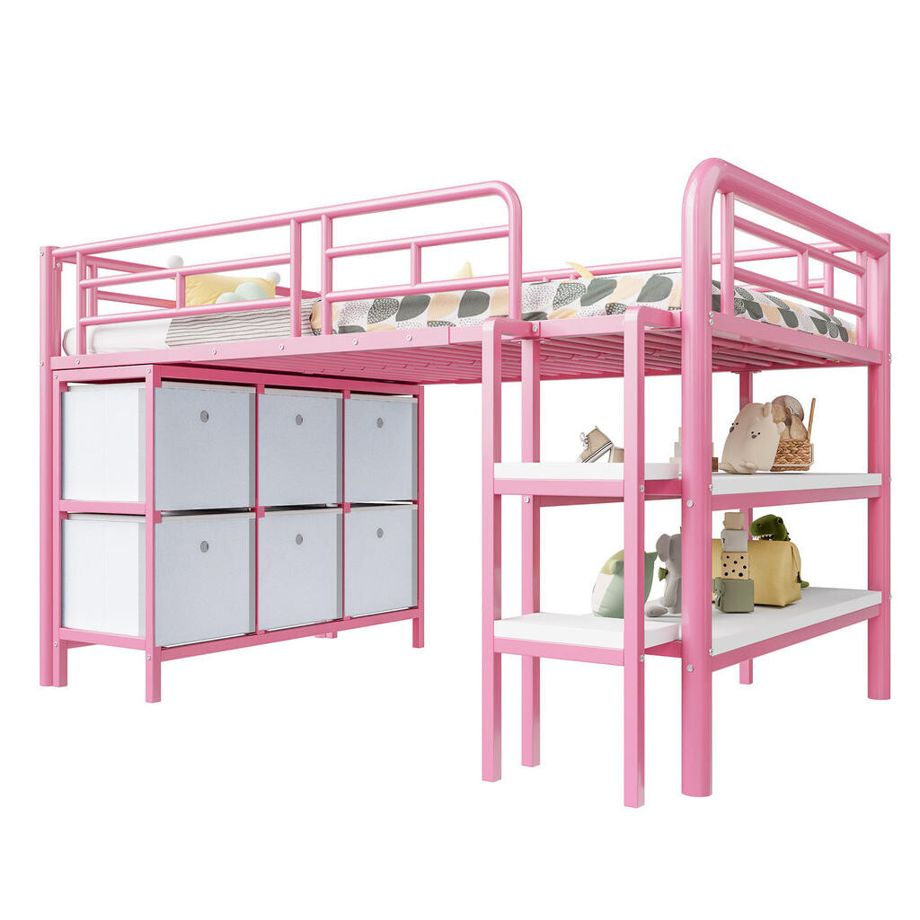 OKWISH DĚTSKÁ vysoká postel 207/105/107,5 cm bílá/růžová s úložným prostorem z kovu a MDF