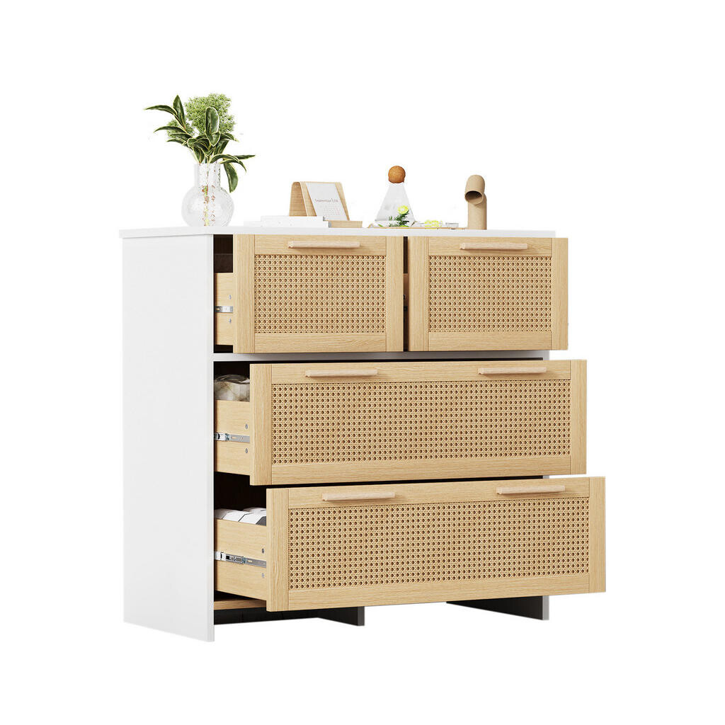 Redom KOMODA 38/80/80 cm se 4 zásuvkami, ratanovým čelem, MDF a úchytkami z masivního dřeva, Přírodní/Bílá