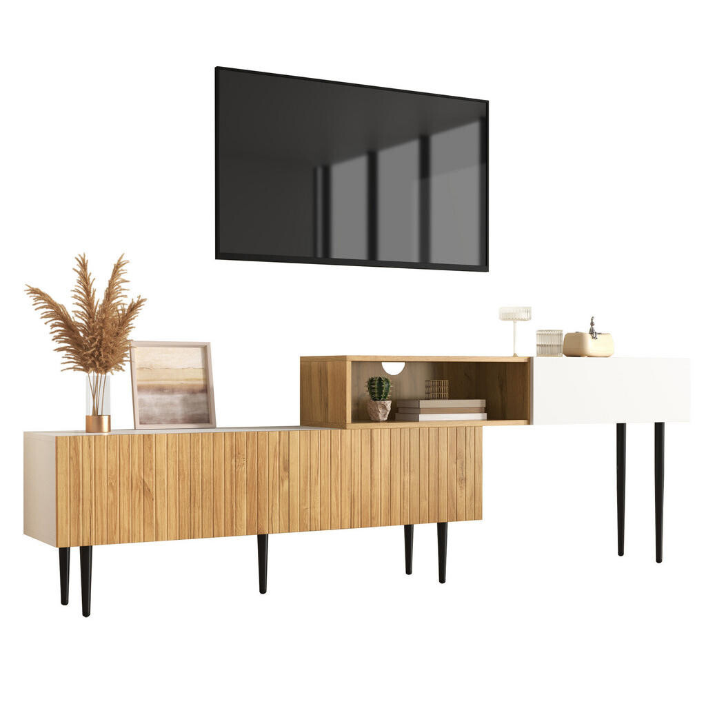 OKWISH TV stolek 120+120/30/63,5 cm bílá a dřevo z MDF a dřevotřísky s nastavitelnou délkou