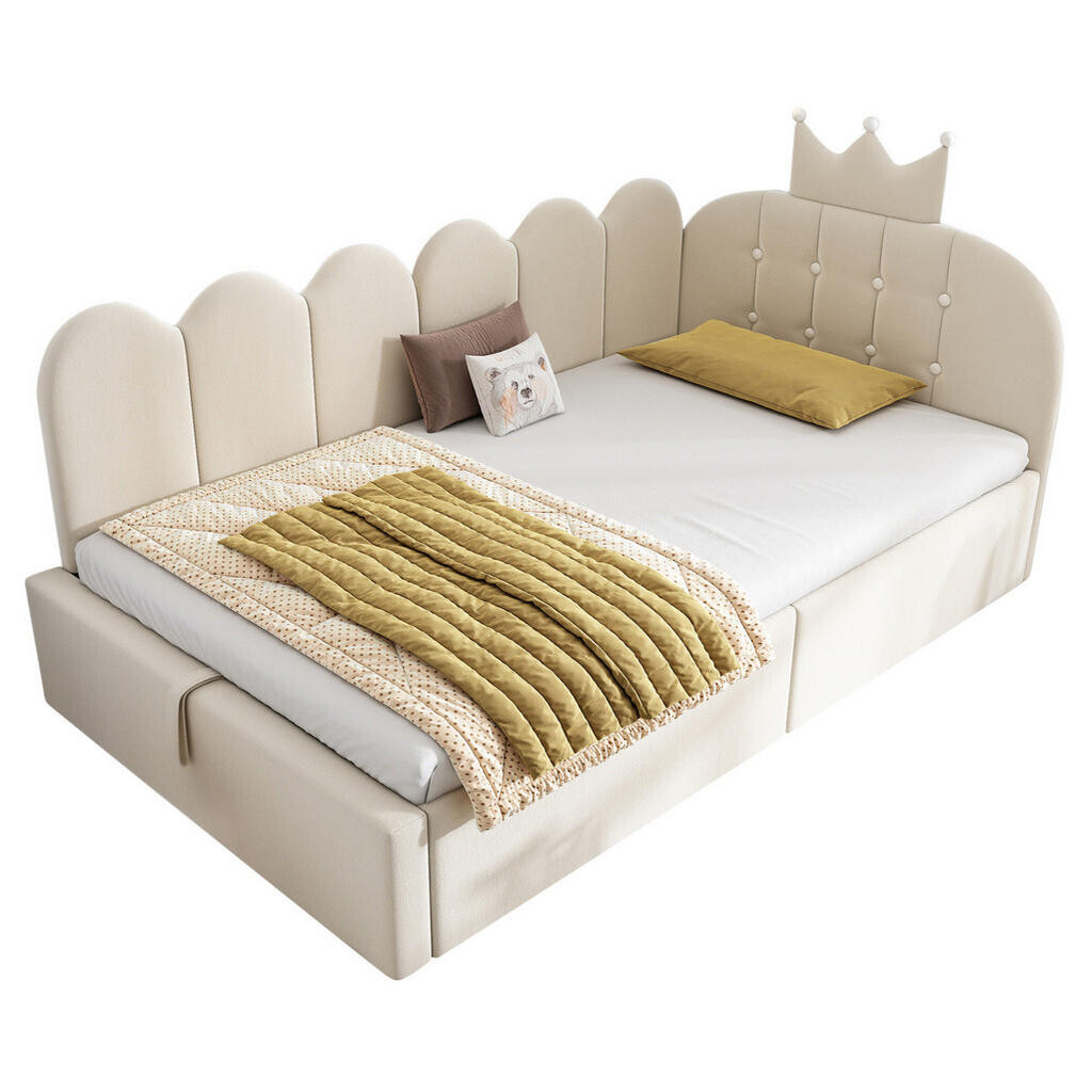OKWISH DENNÍ postel 90/190 cm béžová z sametu s hydraulickým úložným prostorem a korunkovým čelem