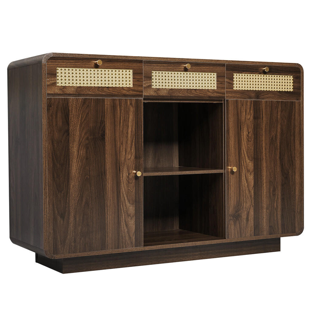 Urban Meuble SIDEBOARD ořech, ratanová čela, zlaté úchytky 3 zásuvky, 2 skříňky, výškově nastavitelné police