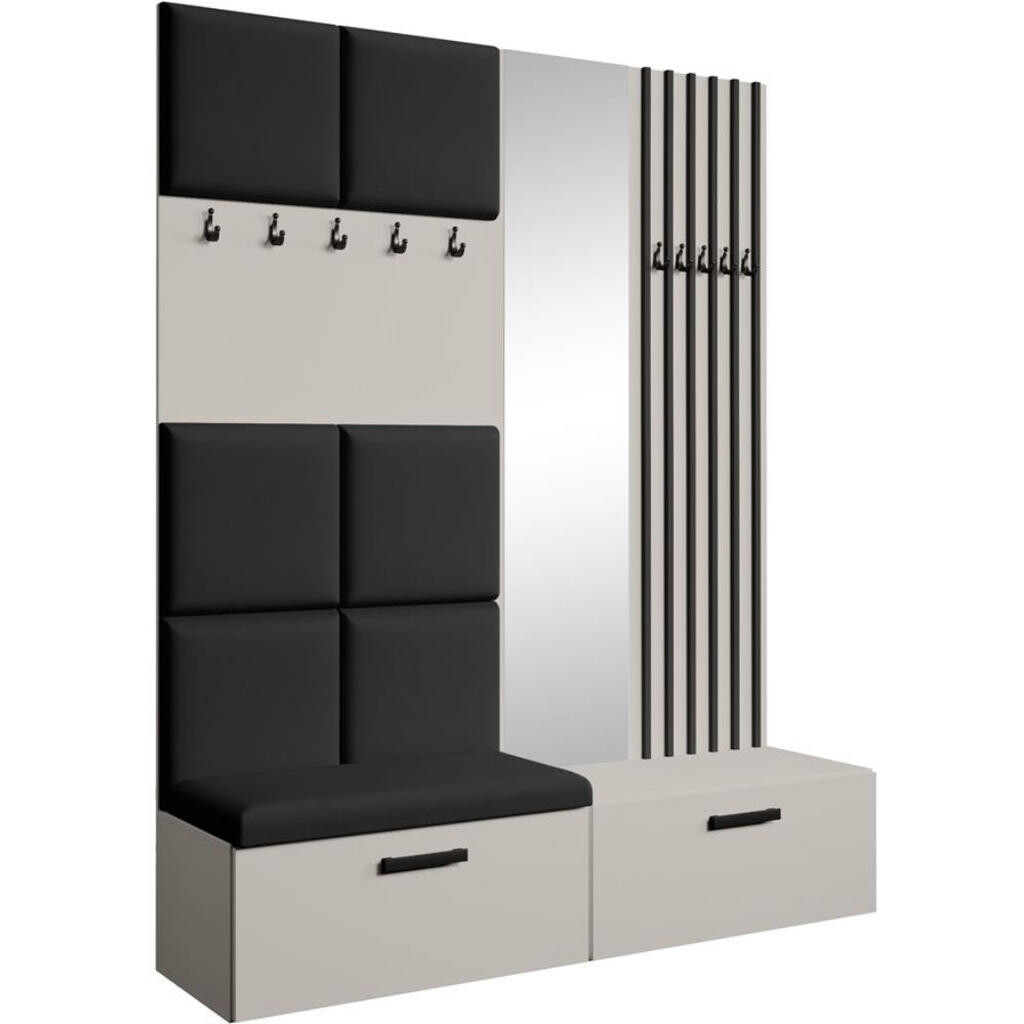 Beautysofa PŘEDSÍŇOVÁ sestava Margaret I+II 162/203/43 s čalouněnými panely / lamelami / zrcadlem, kašmírová|černá