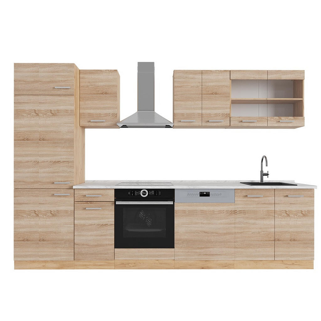 Vicco KUCHYŇSKÝ KOUT R-Line Dub Sonoma/Goldkraft 300 cm , PD Mramor