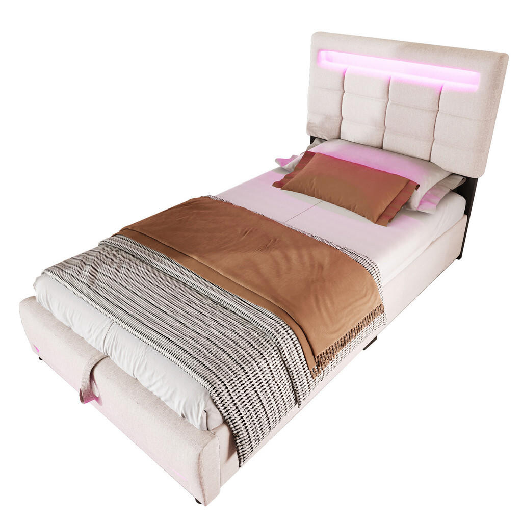 OKWISH ČALOUNĚNÁ postel 90/200 cm béžová z lnu s LED osvětlením, USB a úložným prostorem