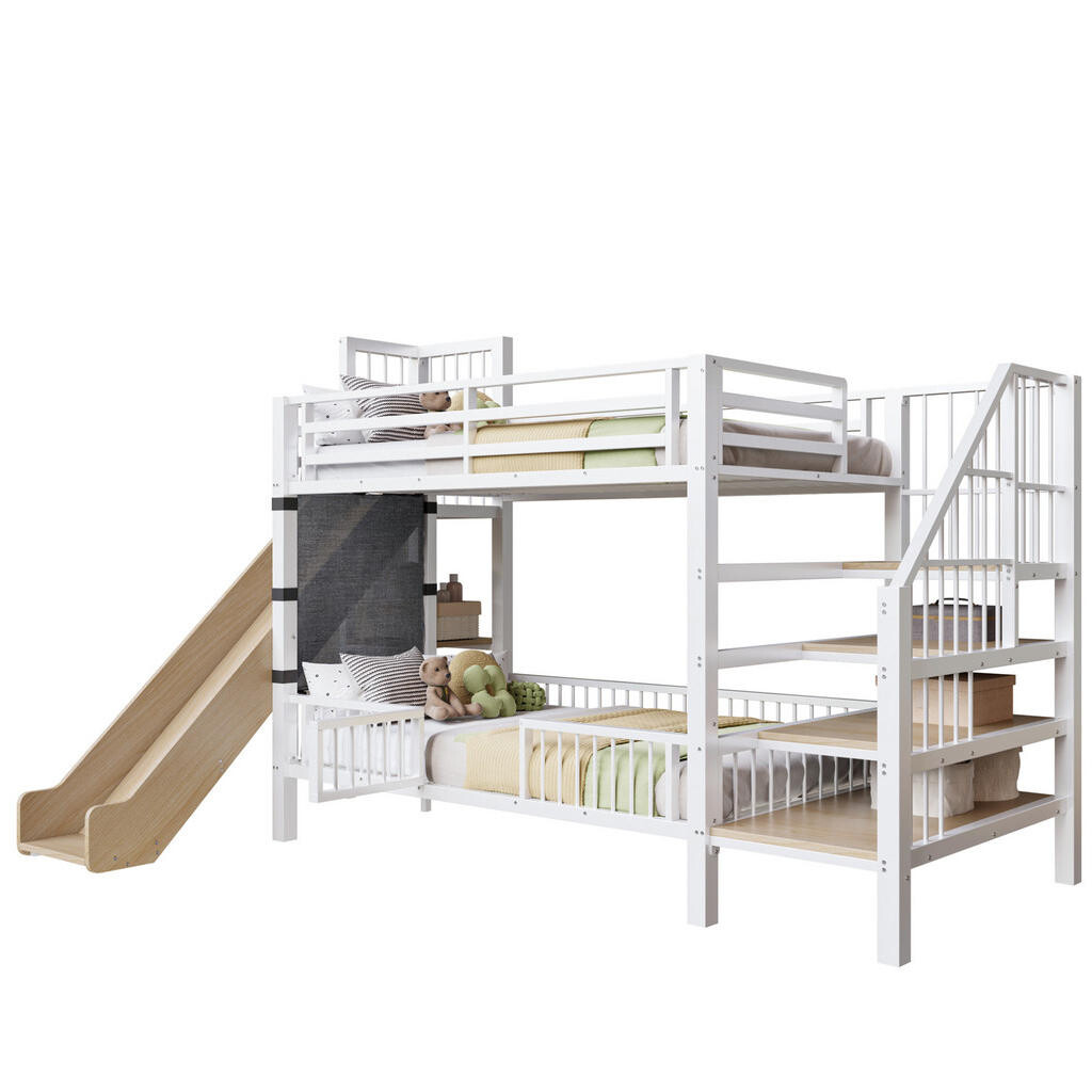 OKWISH BÍLÁ kovová patrová postel (90/200 cm) se skluzavkou a úložnými schůdky
