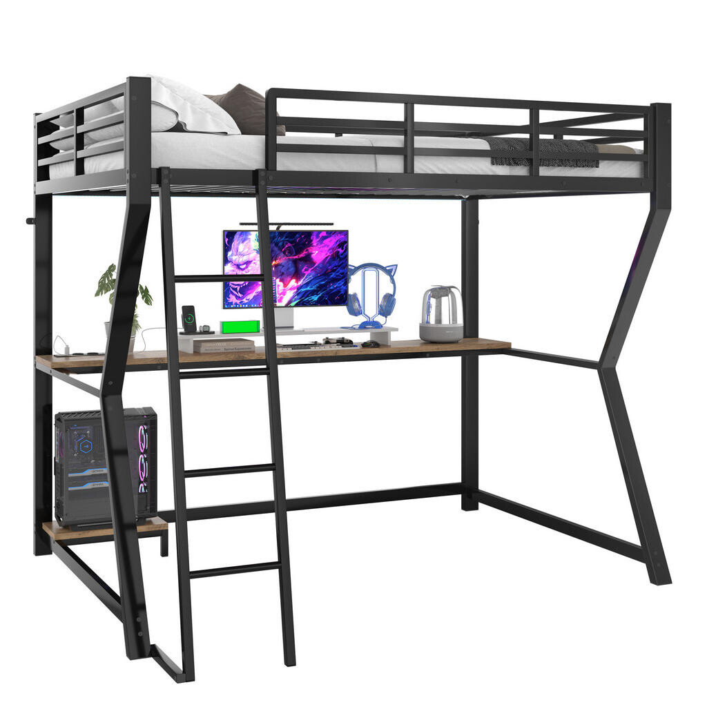 Redom VYSOKÁ postel 90/200 cm s LED osvětlením, psacím stolem, zásuvkou a USB portem, zábradlím a schodištěm, Černá