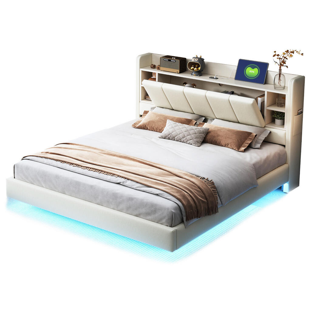 Redom ČALOUNĚNÁ postel 160/200 cm s LED osvětlením, USB portem, úložným čelem a kovovým rámem, Béžová