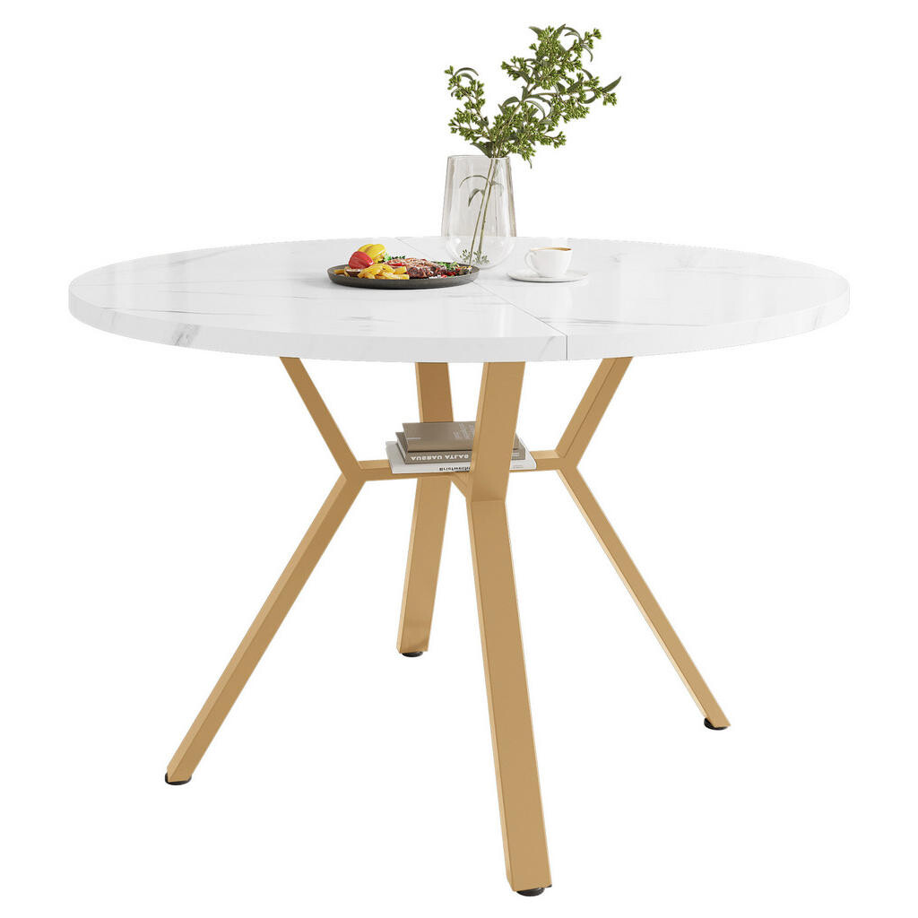 OKWISH JÍDELNÍ stůl 100/100/75 cm bílý a zlatý z MDF a oceli s mramorovým dekorem a kulatou deskou