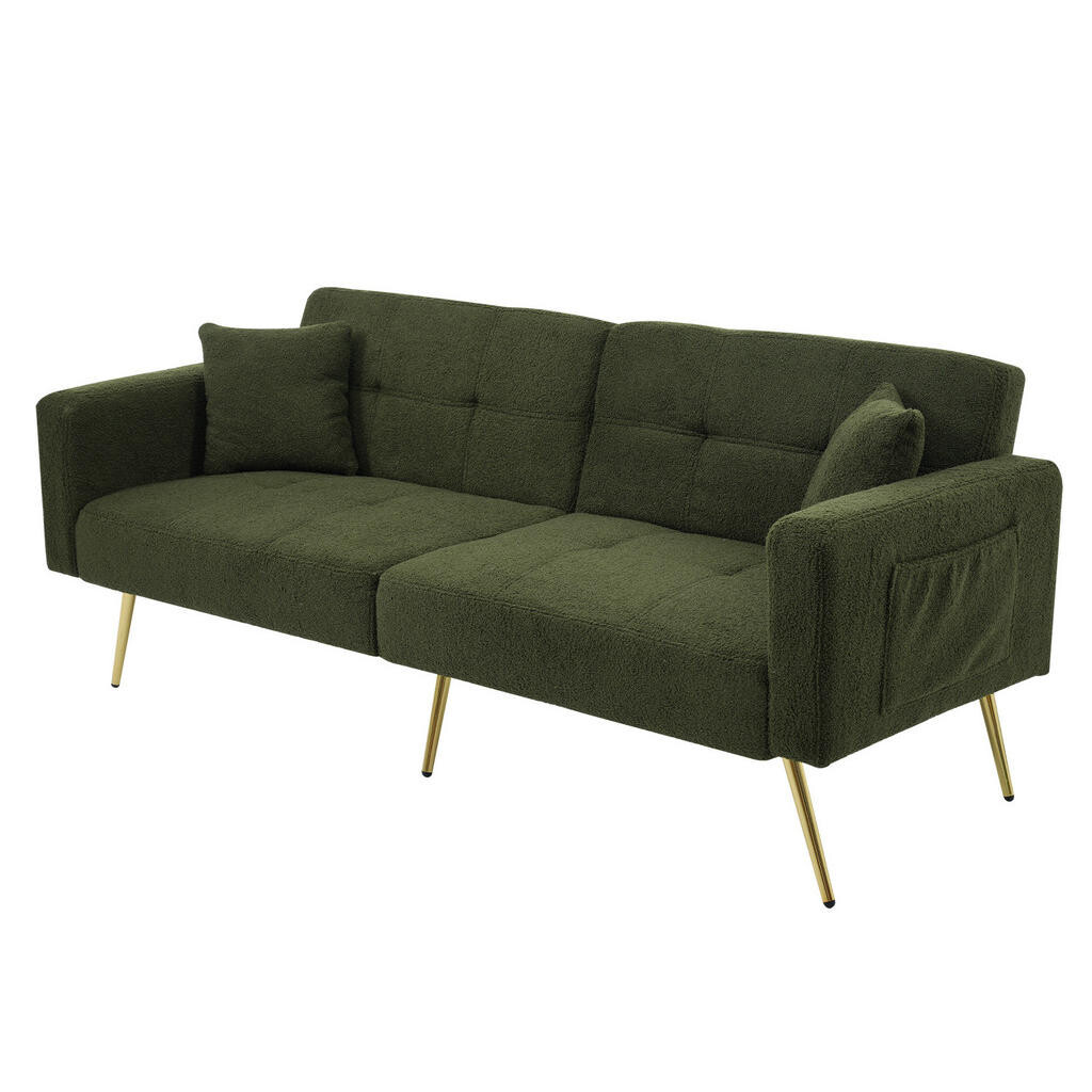 Redom ROZKLÁDACÍ pohovka 175/64/72 cm s nastavitelným opěradlem, bočními kapsami a zlatými nohami, Antická zelená