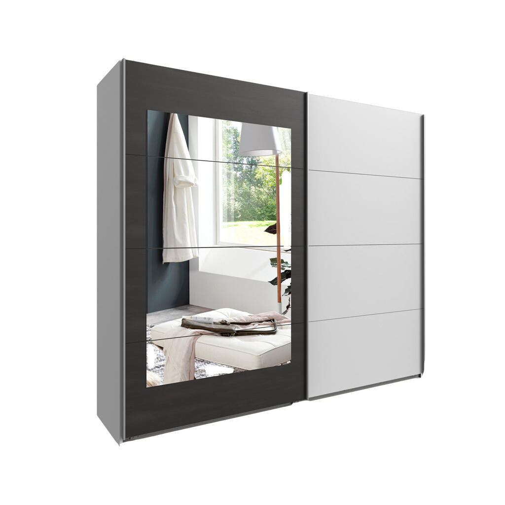 luma-home SKŘÍŇ S POSUVNÝMI DVEŘMI, 2dveřová, 225 × 208 × 65 cm (Š×V×H), v bílé barvě s rámovým zrcadlem na dveřích v šedém provedení imitujícím ocel