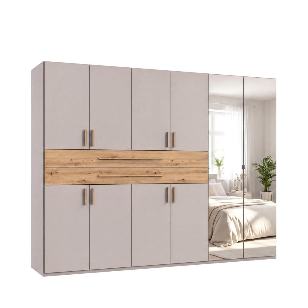luma-home SKŘÍŇ S OTOČNÝMI DVEŘMI B270/H208/T58 cm, béžovo-šedá, šatní skříň se 2 zrcadlovými dveřmi, 2 zásuvkami a úchytkami v dekoru dub Artisan / 2