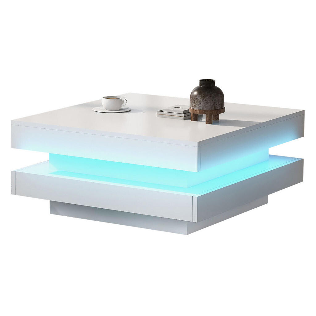 Redom KONFERENČNÍ stolek 70/70/36 cm s otočnou deskou o 360°, LED osvětlením a vysokým leskem, Bílá