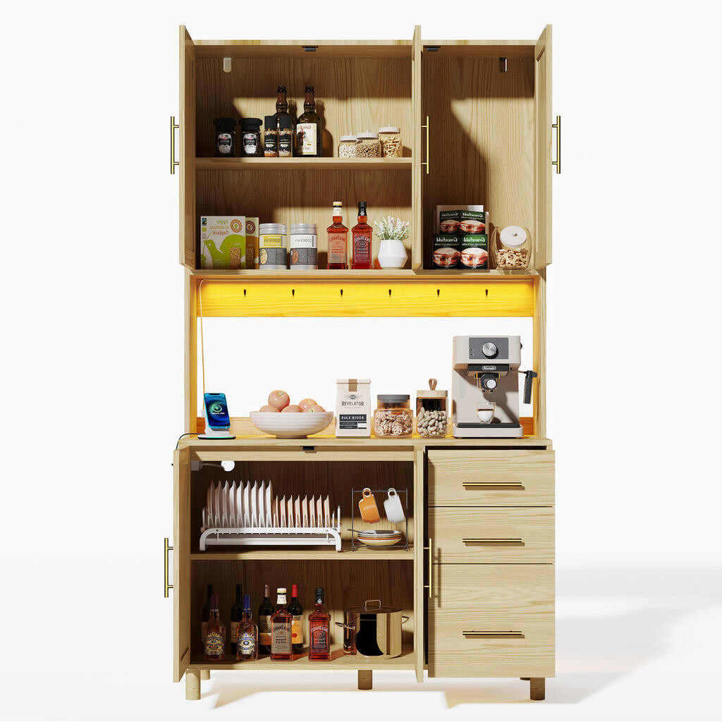 Redom BUFFET 183 cm s LED osvětlením ovládaným aplikací, 3 zásuvkami, USB a nastavitelnými policemi, MDF, Přírodní