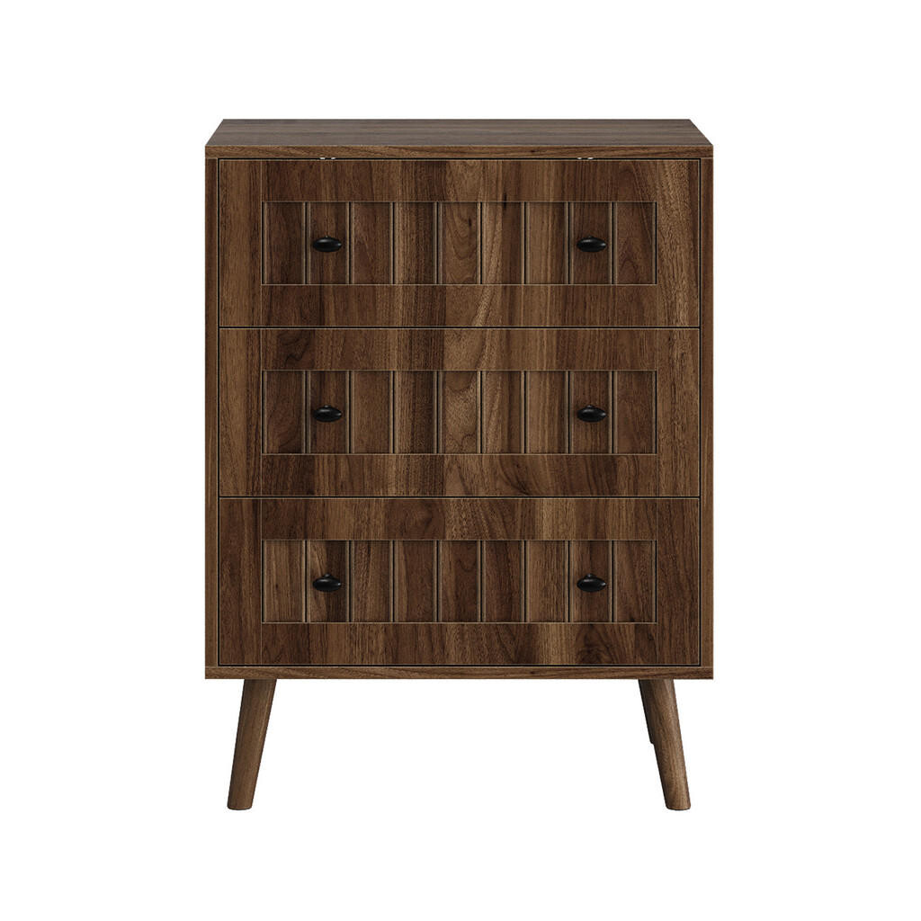 Urban Meuble SIDEBOARD dekor ořech a drážkovaný design se 3 zásuvkami a nohami z masivu