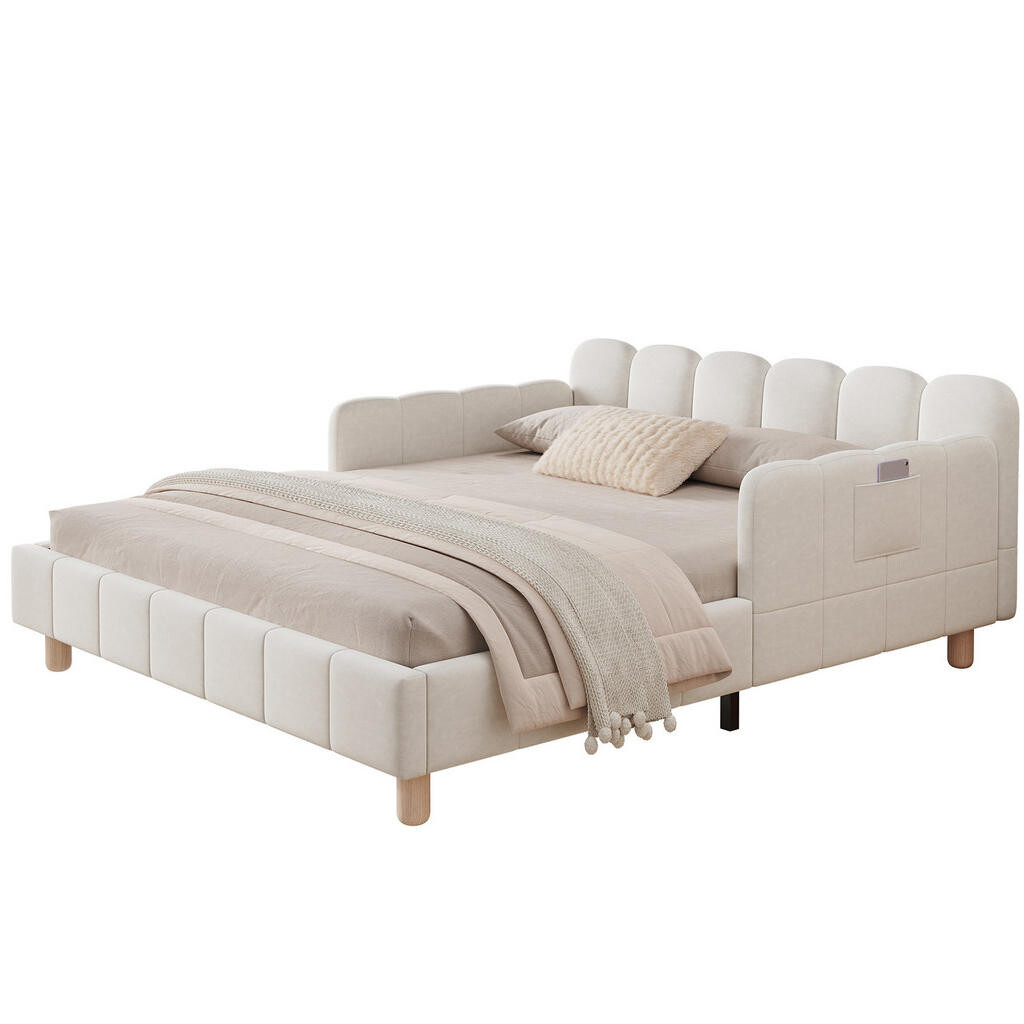 OKWISH ČALOUNĚNÁ dětská postel 140/200 cm béžová ze sametu s opěrkami a kapsami