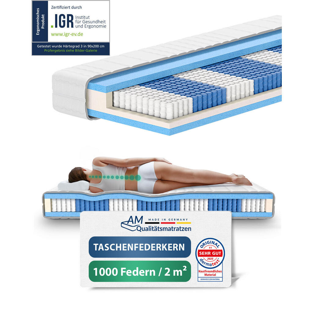 AM Qualitätsmatratzen MATRACE s taštičkovými pružinami 1000 pružin 80/200 cm H3 - výška 24 cm a potah z tencelu