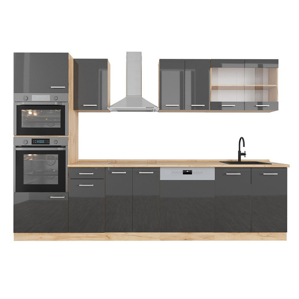 Vicco KUCHYŇSKÝ KOUT R-Line Antracitový vysoký lesk/zlatý dub power 300 cm s vysokou skříní, PD Dub