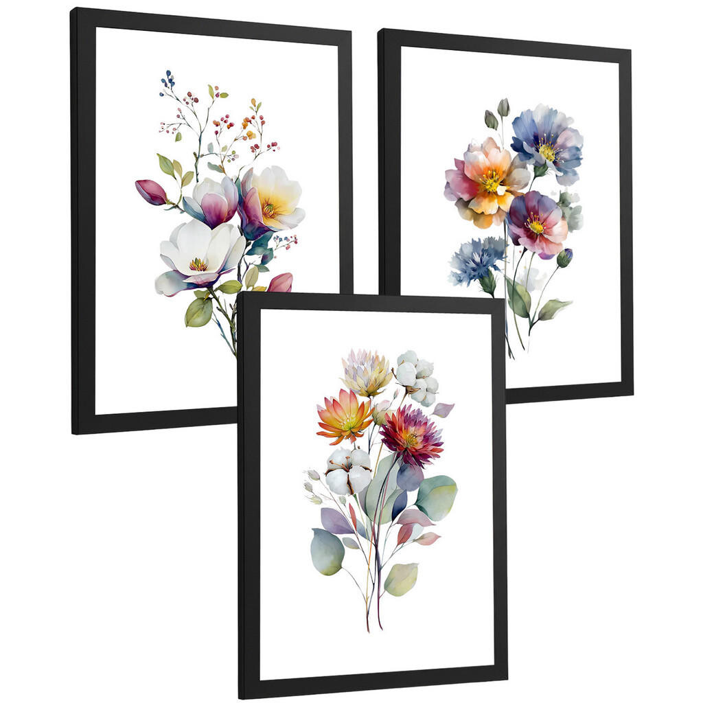 Nacnic PLAKAT Sada 3 botanických uměleckých tisků. Květinové nástěnné umění. Moderní minimalistický květinový nástěnný PLAKAT. Velikost Černý rám A3