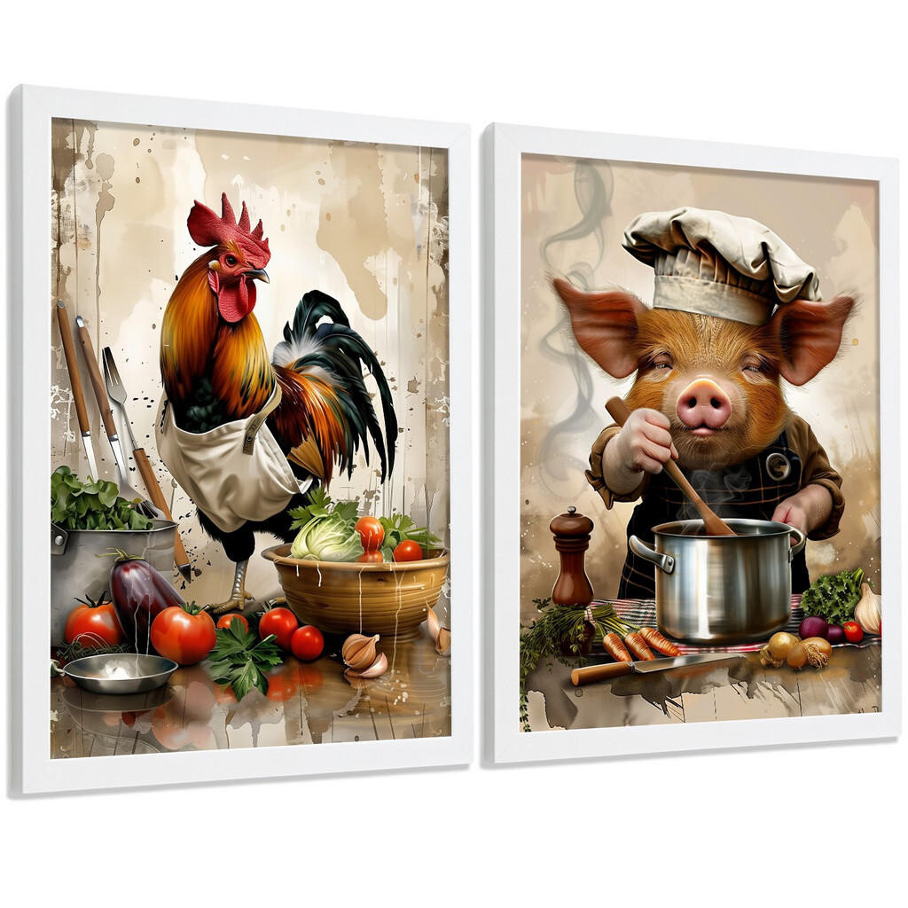 Nacnic PLAKAT Sada 2 Animal Chef A4 Bílý rám