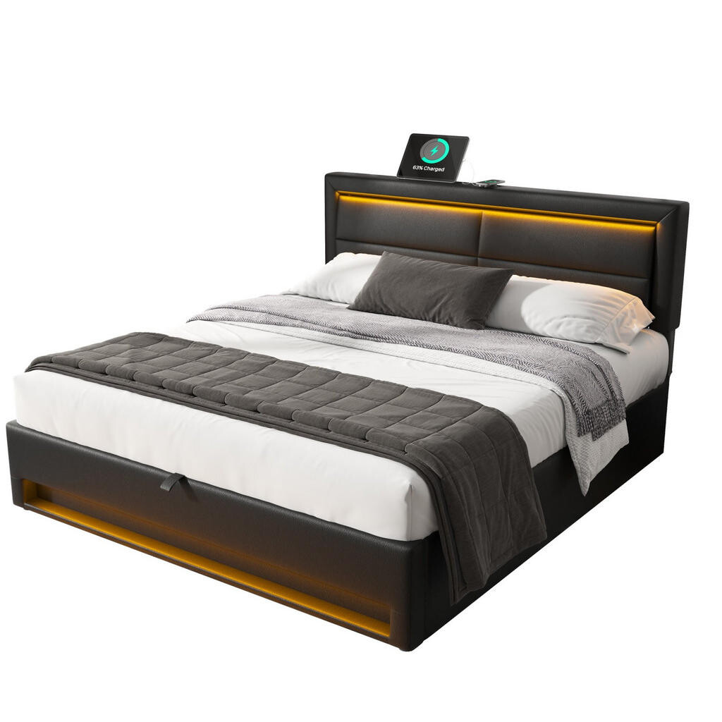OKWISH ČALOUNĚNÁ postel 140/200 cm černá z PU s LED osvětlením USB nabíjením a úložným prostorem