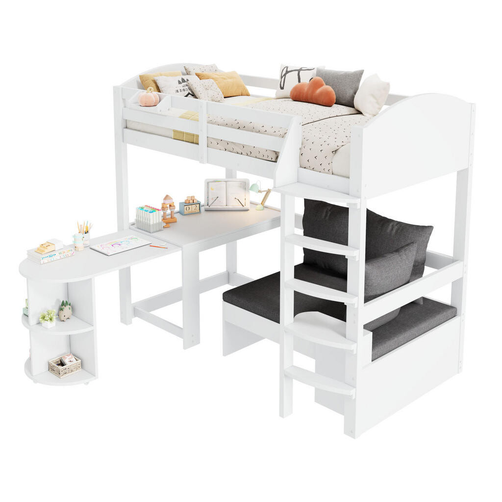 OKWISH DĚTSKÁ vysoká postel 90/200 cm bílá s výsuvným stolem a úložnou pohovkou z masivního dřeva