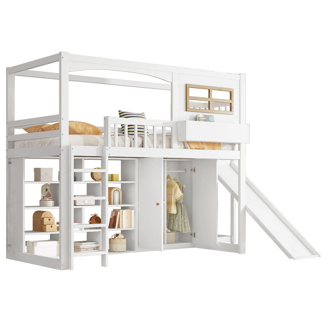 OKWISH PATROVÁ postel 90/200 cm bílá s výsuvnou skříní a šatní skříní z borovice a MDF