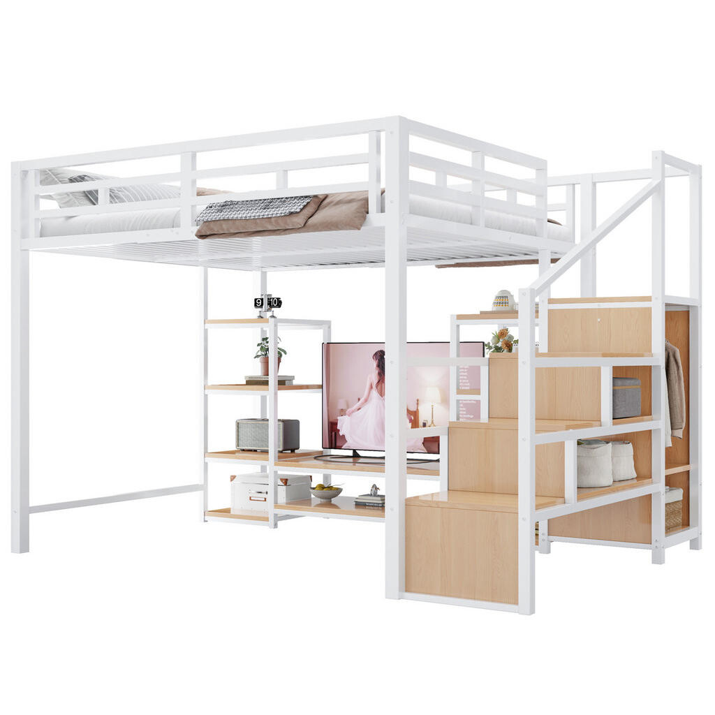 Redom VYSOKÁ postel 140/200 cm s TV stojanem, zásuvkou a bezpečnostním schodištěm, úspora místa a moderní design, Bílá