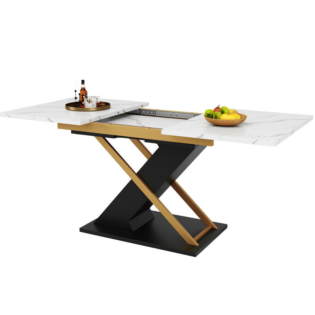 Redom JÍDELNÍ stůl 120-160/80/75,4 cm s výsuvnou deskou, mramorovým dekorem a stabilní kovovou konstrukcí, Černá